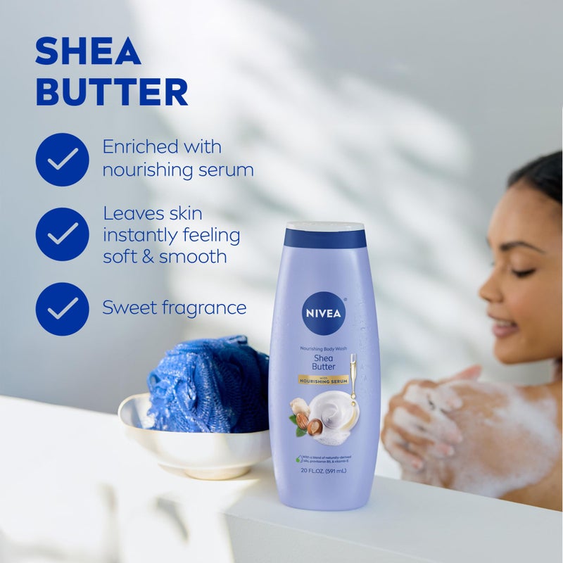 Nivea غسول الجسم المغذي بزبدة الشيا من نيفيا مع سيروم مغذي، غسول مرطب للجسم للنساء، غني بالبروفيتامين B5 وفيتامين E، زجاجة سعة 20 أونصة سائلة - Image 3