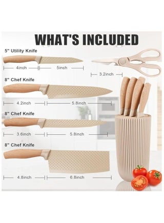 6 Piece Professional Knife Set, Includes Kitchen Knife, Chef's Knife, Japanese Knife, Utility Knife, Kitchen Scissors and Universal Non Stick Knife Block, Ergonomic Stainless Steel Sharp Blades with Handles Perfect for Daily Kitchen Tasks, Khaki - view 3