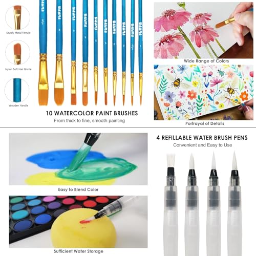 Funto Watercolor Set, 48 Color Paint Set, 10 Brushes, 30 Page Pad(9"x12"), 4 Refillable Pens & More, Painting Kit for Kids, Adults, Beginners - Image 5