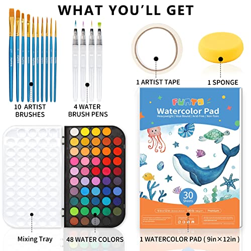 Funto Watercolor Set, 48 Color Paint Set, 10 Brushes, 30 Page Pad(9"x12"), 4 Refillable Pens & More, Painting Kit for Kids, Adults, Beginners - Image 2