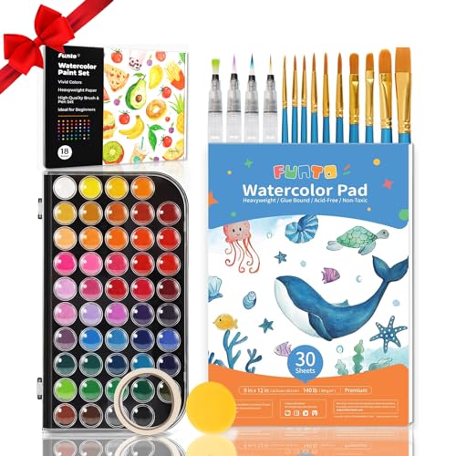 Funto Watercolor Set, 48 Color Paint Set, 10 Brushes, 30 Page Pad(9"x12"), 4 Refillable Pens & More, Painting Kit for Kids, Adults, Beginners - Image 1