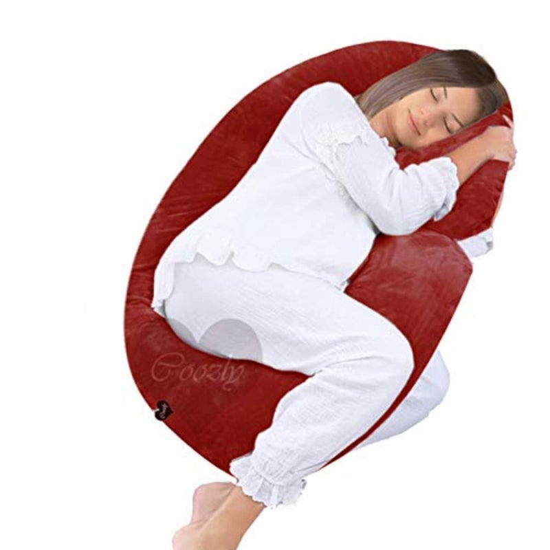 COOZLY Alpha Full Body Maternity Pillow - Maternity Pillow with Removable Cover (Velvet Red, Velvet Cover)