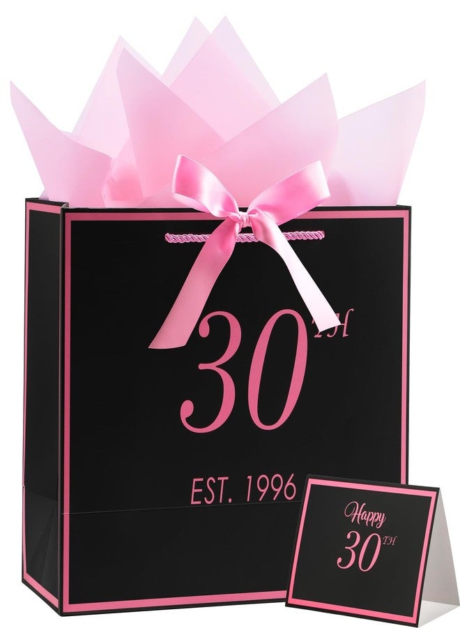 momoake 30th Birthday Gift Bag with Card and Tissue Paper for Women Her, 1996 30 Year Old 13" Elegant Black & Pink Anniversary Keepsake Party Present Shopping Paper Bags for Gifts Wrapping (1996 30th) - Image 1