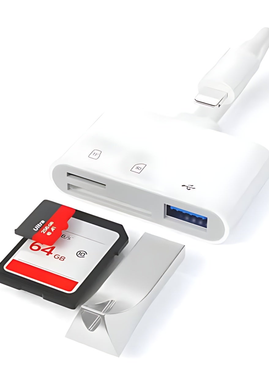 SD Card Reader for iPhone, Lightning to SD Card Reader, 3-in-1 SD Card Reader for SD Card/Micro SD Digital Camera Adapter Compatible with iPhone, Plug and Play SD Card Reader