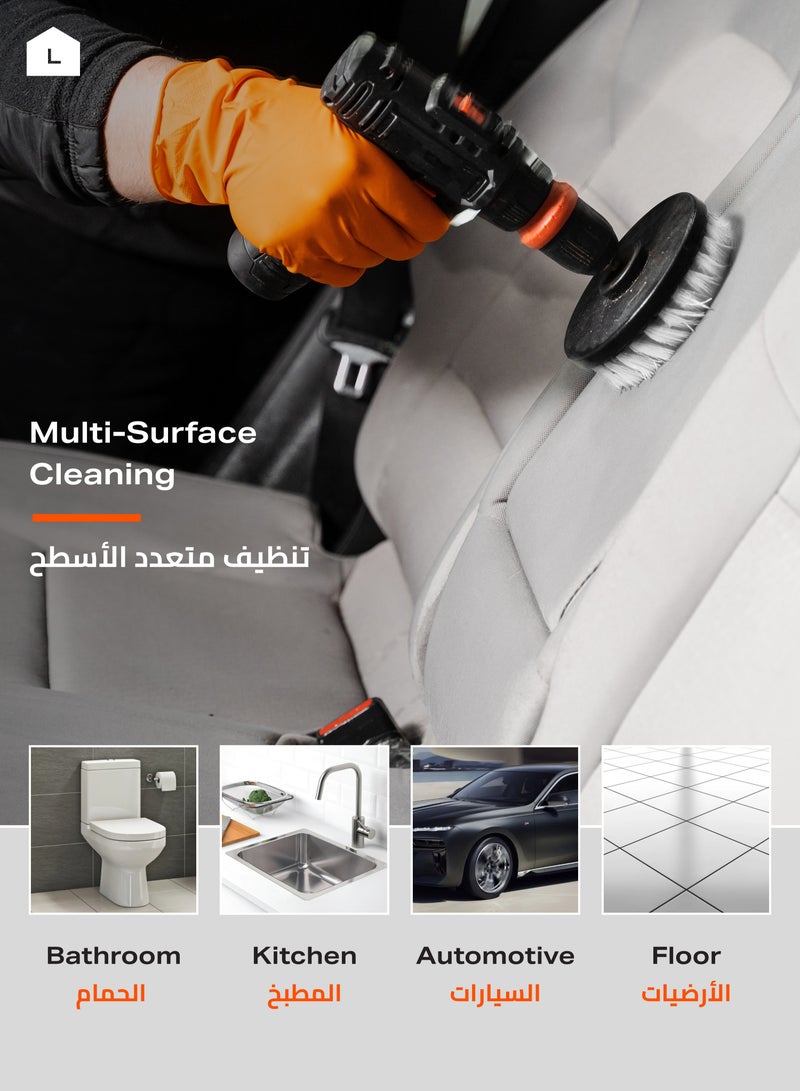طقم فرش تنظيف تعمل مع أجهزة المثقاب - أبيض - شعيرات نايلون متينة، تصميم سهل التركيب على أجهزة الدريل الكهربائية، مناسبة لتنظيف الأسطح المتعددة مثل الحمامات، المطابخ، البلاط، الجص، السيارات، والأثاث - Image 5
