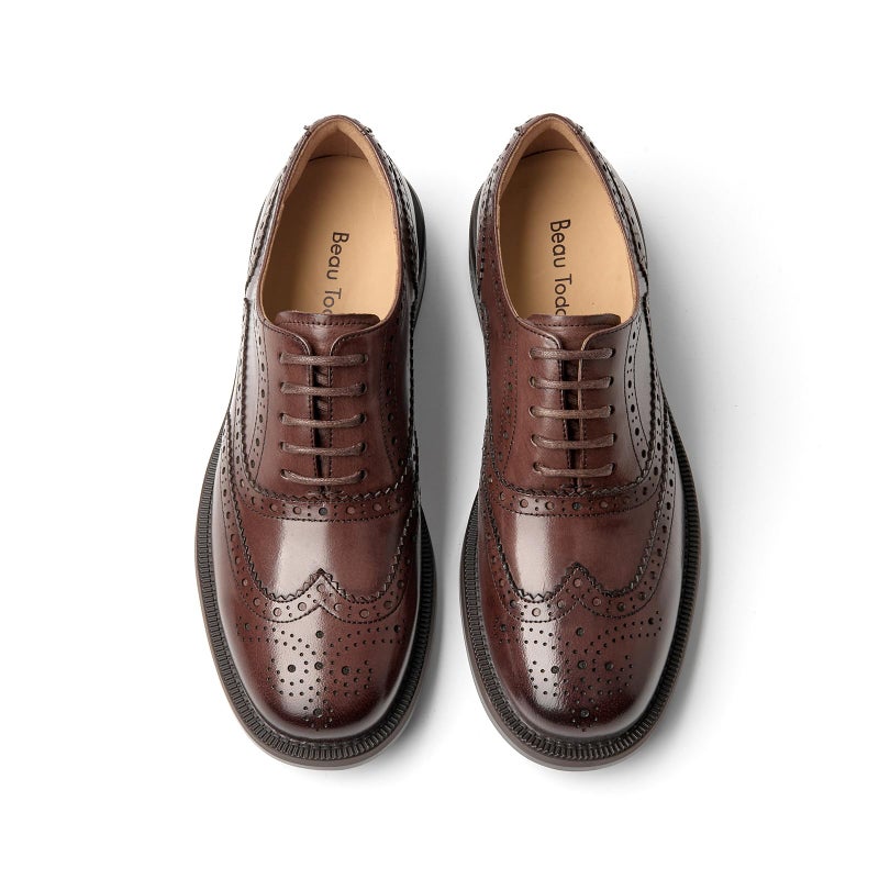 BEAU TODAY أحذية أوكسفورد للنساء من بي أو تو داي بتصميم وينغتيب بروغ للنساء، أحذية جلدية مزودة بأربطة، مريحة، رسمية، للعمل، عتيقة، لون قهوة، مقاس 6