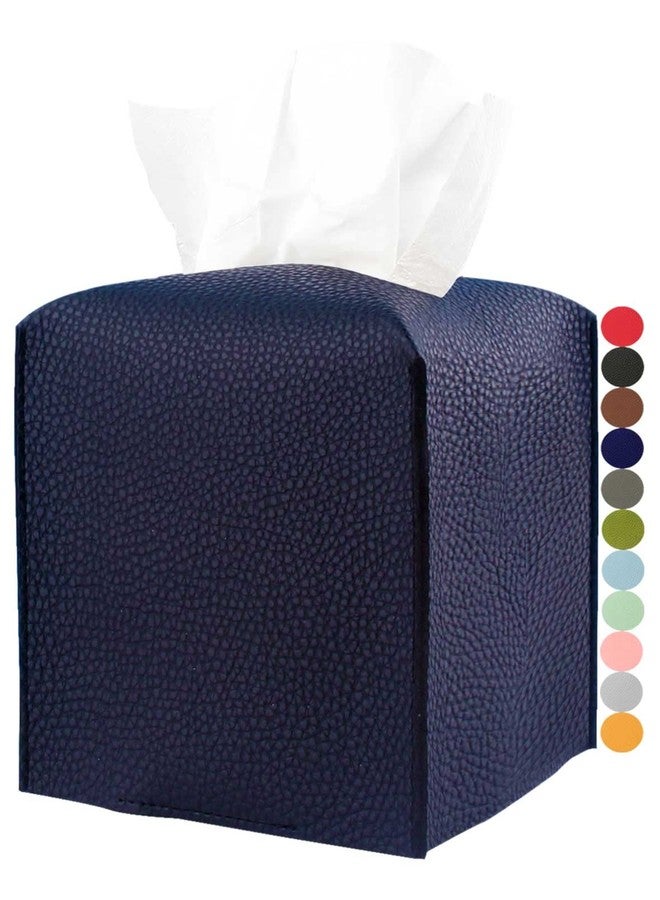 JESMINI Tissue Box Cover Square Leather - Tissue Box Holder with Bottom Belt [, Navy Blue] Decorative Cube Tissue Holder for Bathroom - Image 1