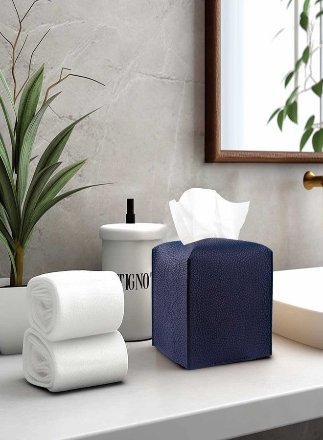 JESMINI Tissue Box Cover Square Leather - Tissue Box Holder with Bottom Belt [, Navy Blue] Decorative Cube Tissue Holder for Bathroom - Image 5
