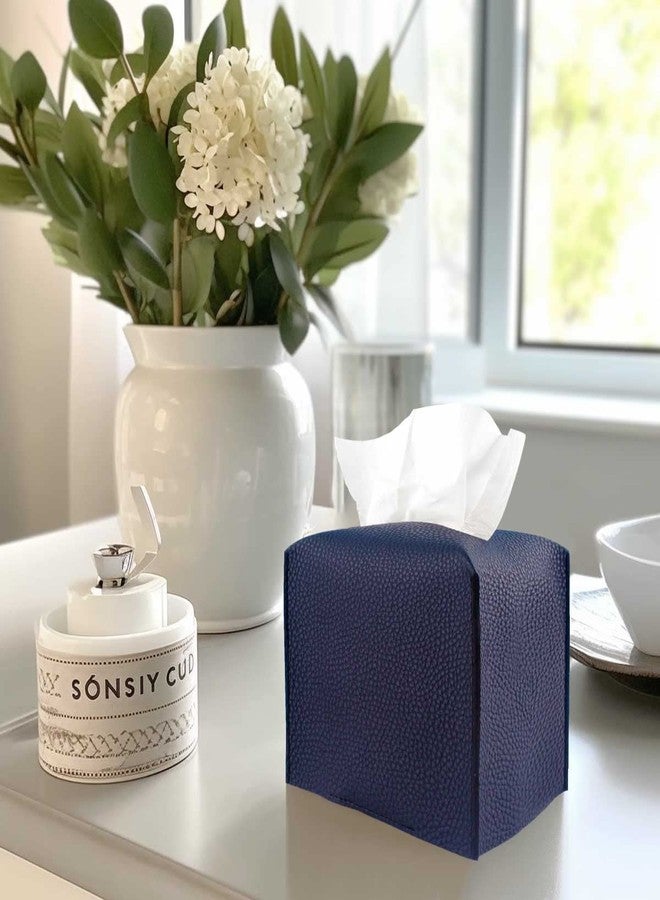 JESMINI Tissue Box Cover Square Leather - Tissue Box Holder with Bottom Belt [, Navy Blue] Decorative Cube Tissue Holder for Bathroom - Image 4