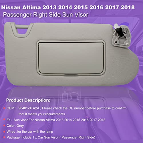 NHILES Right Side Sun Visor Compatible with Nissan Altima 2013 2014 2015 2016 2017 2018 with Light, Without Sunroof 96400-3TA2A Gray - Image 2