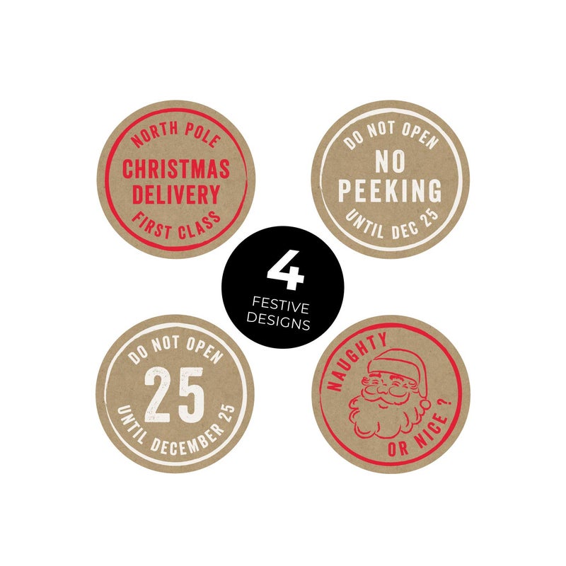 SBlabels No Peeking Christmas Stickers  250 Brown Kraft Christmas Gift Tags  4 Festive Winter Holiday DesignsNorth Pole Naughty Or Nice Santa LabelsMade in The USA
