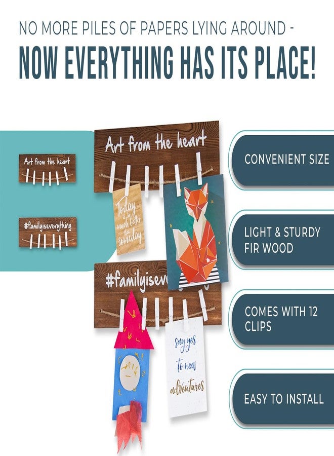 كومفيفي رف عرض فني جداري للأطفال من كومفيفي مع 12 مشبكًا - طقم من قطعتين - اعرض ذكرياتك مع إطار صور مجمعة بمشابك الغسيل، ومشاريعك، ورسائل الحب، والمزيد - مصنوع من خشب التنوب مع منظم فني مزين باقتباسات ملهمة - Image 2