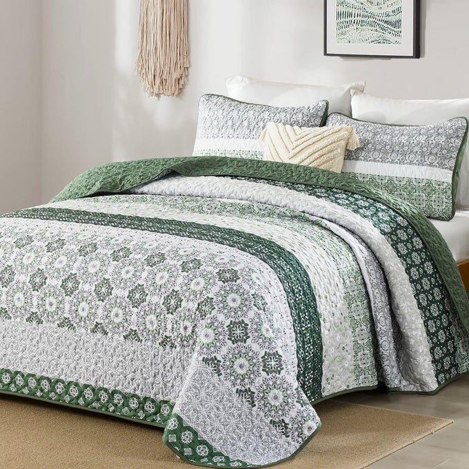 GREEN QUILT SET KING SIZEBOHO STRIPED PATCHWORK BEDSPREAD COVERLET SET3 PIECES MICROFIBER BEDDING SET FOR ALL SEASONS 10490