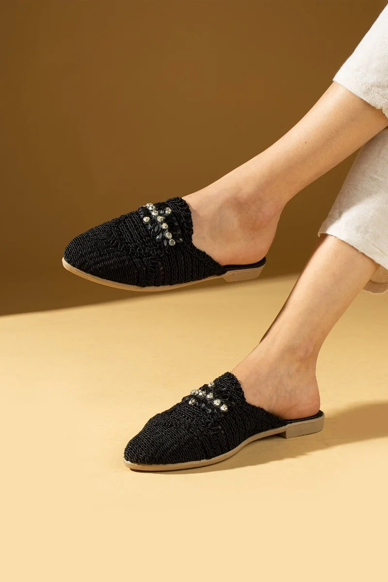 Pembe Potin Pink Potin Shiny Stone Lace Knitted Patterned Comfortable Fit Women's Slippers 001-2-24
