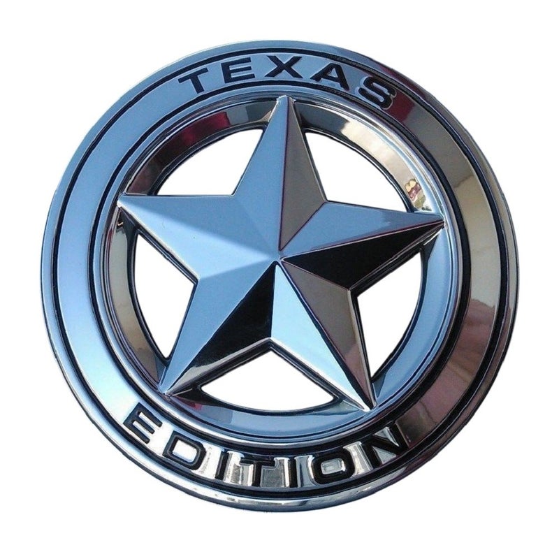 Muzzys Texas Edition Star Chrome and Black Round 3 Shield Emblem Universal Stick On FITS Tundra Tacoma F150 Silverado Titan Hood Door Tailgate Grille Fender etc