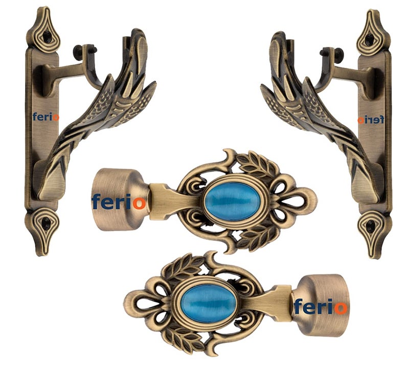 FERIO Alloy Zinc and Diamond Antique Brass Curtain Bracket Parda Holder and Curtain Finial for Door and Windows Fitting 1 Inch Rod (Curtain Holder Rod 2 Pcs and Curtain Finial 2 Pcs) - Image 1