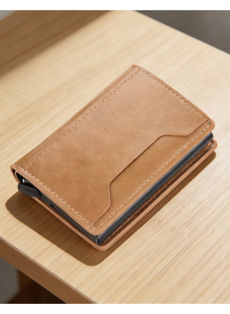 Trendy Men's Short Aluminum Box Wallet, Anti-Magnetic Anti-Theft Technology with Automatic Card Ejection - Yellowish Brown - Image 1