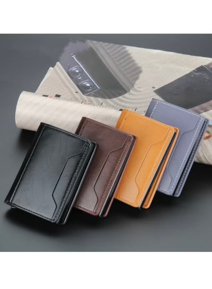 Trendy Men's Short Aluminum Box Wallet, Anti-Magnetic Anti-Theft Technology with Automatic Card Ejection - Yellowish Brown - Image 5