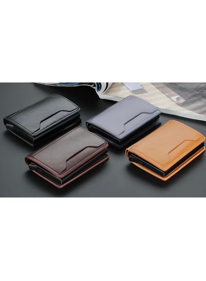 Trendy Men's Short Aluminum Box Wallet, Anti-Magnetic Anti-Theft Technology with Automatic Card Ejection - Yellowish Brown - Image 4