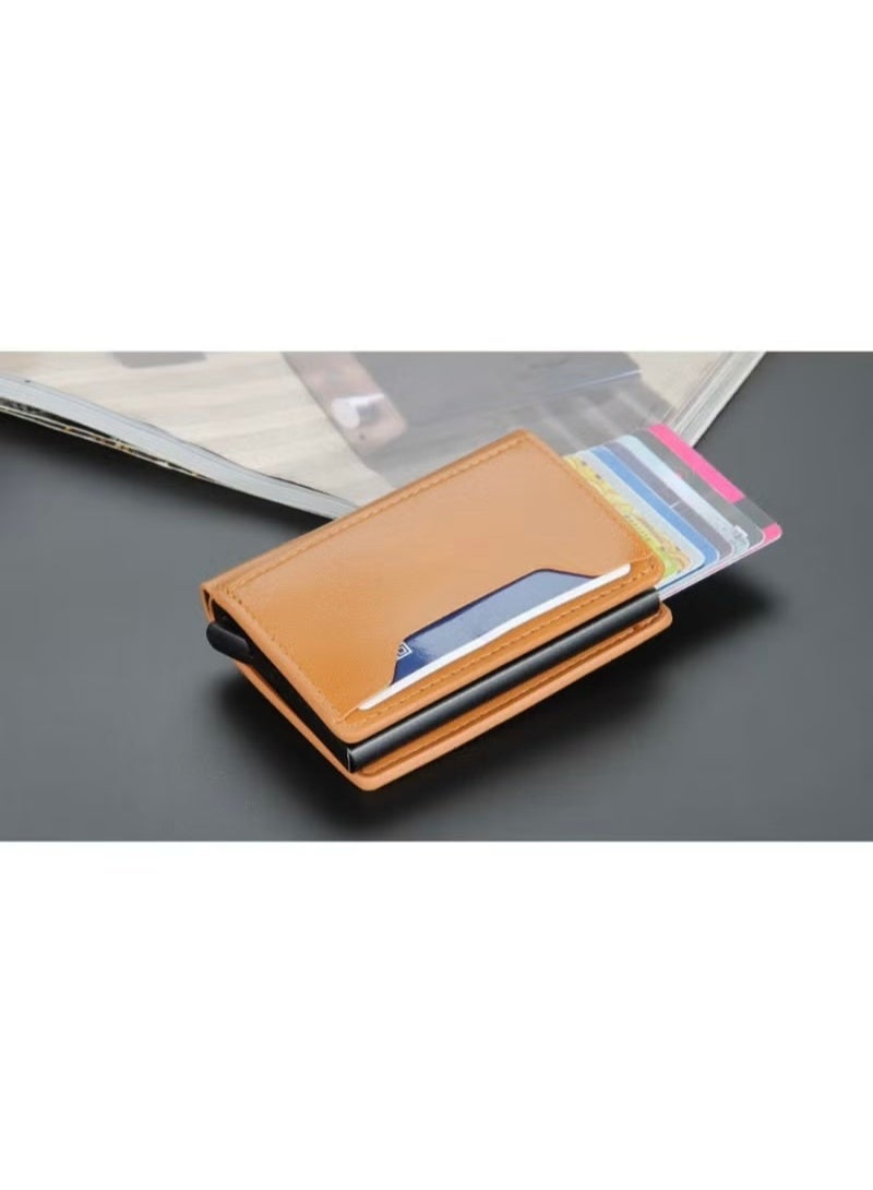 Trendy Men's Short Aluminum Box Wallet, Anti-Magnetic Anti-Theft Technology with Automatic Card Ejection - Yellowish Brown - Image 3