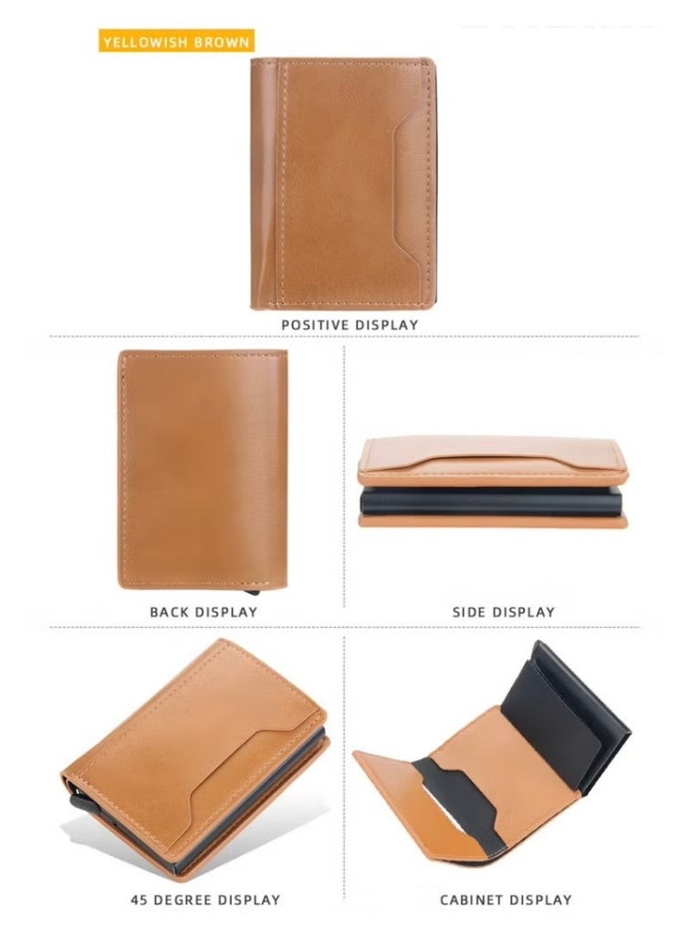 Trendy Men's Short Aluminum Box Wallet, Anti-Magnetic Anti-Theft Technology with Automatic Card Ejection - Yellowish Brown - Image 2
