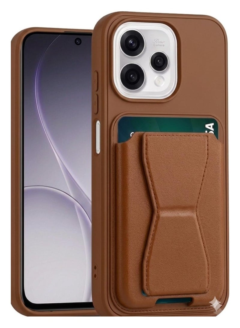 غطاء خلفي من الجلد مع محفظة بطاقات، جراب قابل للطي ومقاوم للصدمات متوافق مع هاتف Oppo Reno 15 (بني)