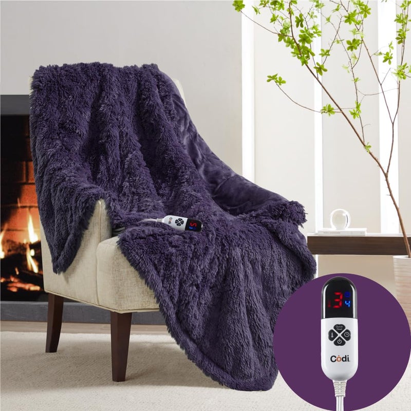 Codi Fuzzy Shaggy Fur Electric Blanket Throw  Teal 50x60  Super Soft Couch Heated Throws  6 Heating Levels  4 Time Settings with Auto Shut Off 6ft Power Cord  Washable