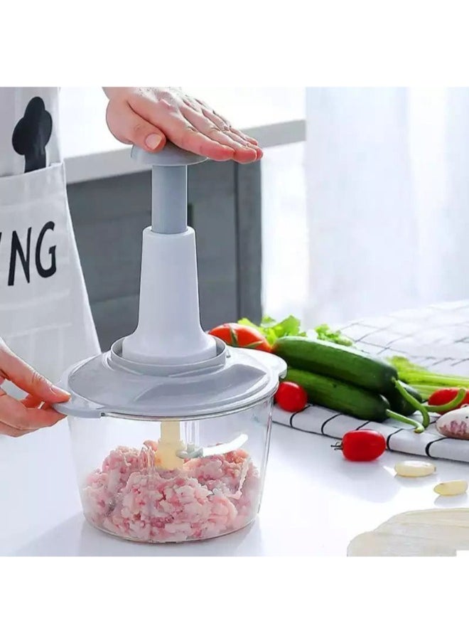 Make kitchen prep effortless with this 1.5L manual pressure chopper! Perfect for chopping onions, vegetables, meat, garlic, and more. Equipped with 4 sharp blades, a whisk attachment for eggs and cream, and a non-slip silicone base for stability.