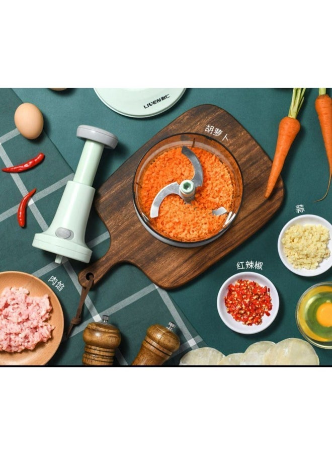 Make kitchen prep effortless with this 1.5L manual pressure chopper! Perfect for chopping onions, vegetables, meat, garlic, and more. Equipped with 4 sharp blades, a whisk attachment for eggs and cream, and a non-slip silicone base for stability.
