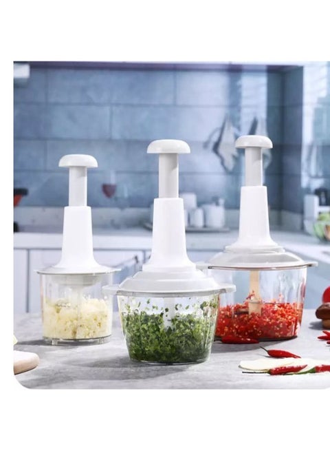 Make kitchen prep effortless with this 1.5L manual pressure chopper! Perfect for chopping onions, vegetables, meat, garlic, and more. Equipped with 4 sharp blades, a whisk attachment for eggs and cream, and a non-slip silicone base for stability.