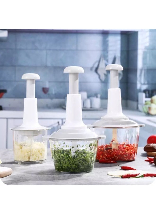 Make kitchen prep effortless with this 1.5L manual pressure chopper! Perfect for chopping onions, vegetables, meat, garlic, and more. Equipped with 4 sharp blades, a whisk attachment for eggs and cream, and a non-slip silicone base for stability.