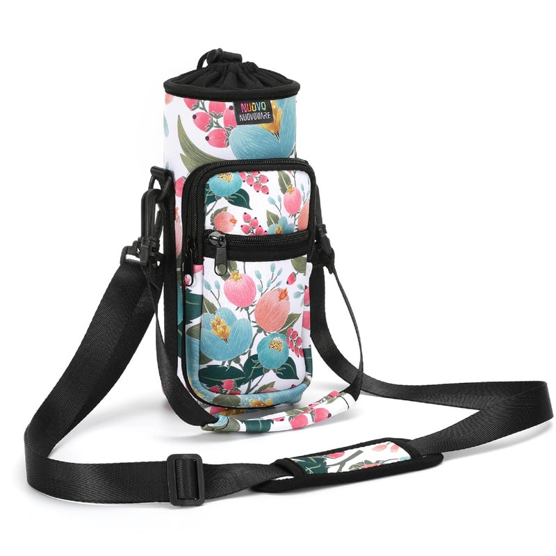 NUOVOWARE Nuovoware Water Bottle Carrier Bag, 25oz/32oz Bottle Pouch Holder, Adjustable Shoulder Hand Strap 2 Pocket Sling Neoprene Sleeve Sports Water Bottle Accessories for Gym Hiking Travelling, Pink Rose  - Image 1