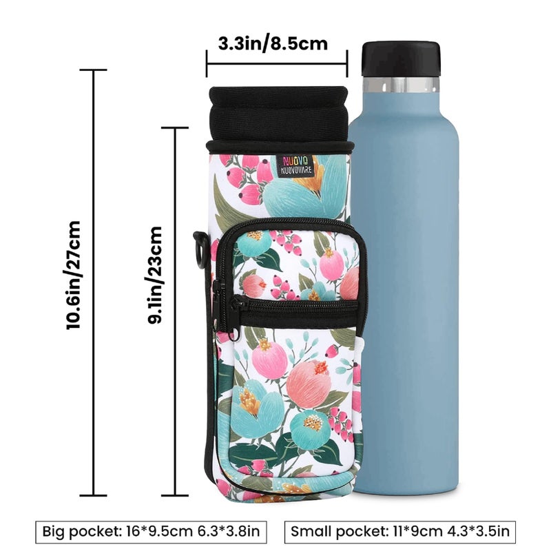 NUOVOWARE Nuovoware Water Bottle Carrier Bag, 25oz/32oz Bottle Pouch Holder, Adjustable Shoulder Hand Strap 2 Pocket Sling Neoprene Sleeve Sports Water Bottle Accessories for Gym Hiking Travelling, Pink Rose  - Image 4