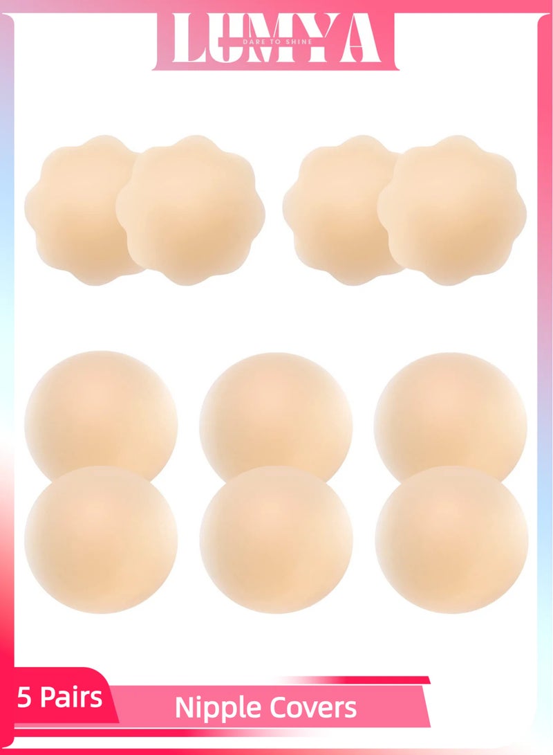 LUMYA 5 Pairs Nipple Covers for Women, Bra pads, Breast pads, Invisible Silicone Pasties, Reusable & Waterproof Sticky Breast Petals for Everyday Wear and Sports (Skin color) - Image 1