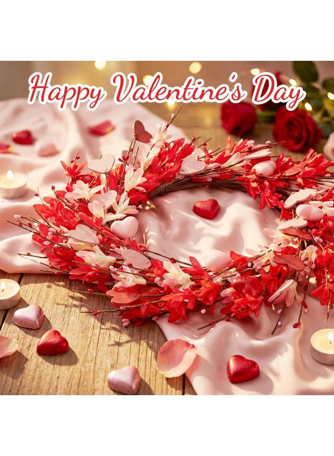 Norme 22 Inch Valentines Day Wreaths for Front Door Artificial Wreath with Berries Heart Forsythia Flowers for Indoor Outdoor Holiday Wedding Wall Decorations Supply Gift (Red) - Image 3