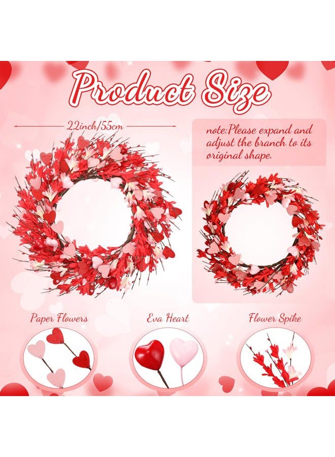 Norme 22 Inch Valentines Day Wreaths for Front Door Artificial Wreath with Berries Heart Forsythia Flowers for Indoor Outdoor Holiday Wedding Wall Decorations Supply Gift (Red) - Image 2