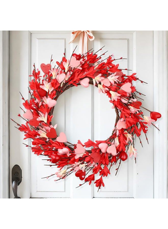 Norme 22 Inch Valentines Day Wreaths for Front Door Artificial Wreath with Berries Heart Forsythia Flowers for Indoor Outdoor Holiday Wedding Wall Decorations Supply Gift (Red) - Image 1