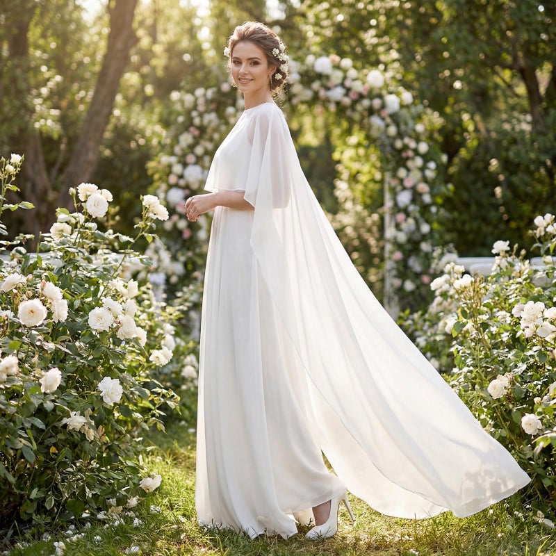 ShinyMatch Women Pure White High Low Chiffon Cape Sheer Shawl Wedding Bridal Shawl Cape Evening Dress Capelets for Women - Image 2