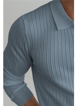 Cool Tarz Cool Style Blue Men's Polo Collar Ribbed Knitwear Sweater  - Image 2