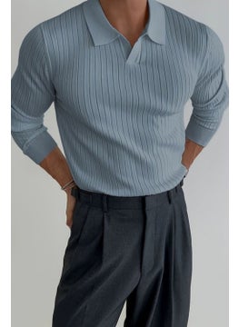 Cool Tarz Cool Style Blue Men's Polo Collar Ribbed Knitwear Sweater  - Image 4