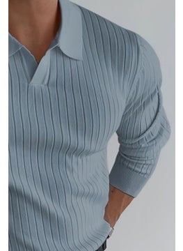 Cool Tarz Cool Style Blue Men's Polo Collar Ribbed Knitwear Sweater  - Image 3