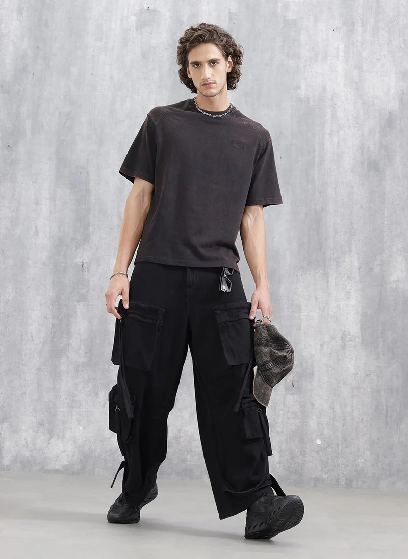 Wrogn Washed Oversized Crew Neck T-shirt With Embroidery | Black