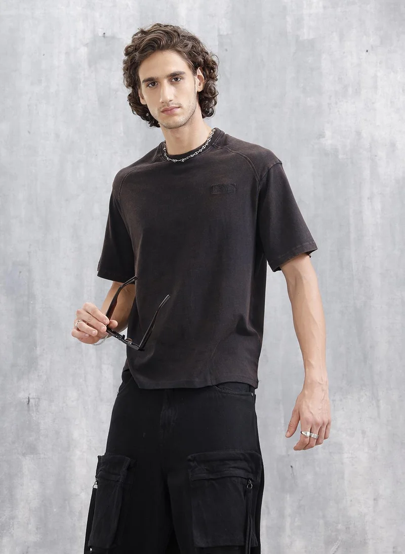 Wrogn Washed Oversized Crew Neck T-shirt With Embroidery | Black