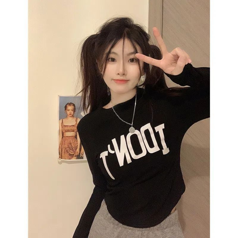 Half-High Collar Irregular Velvet Base Shirt Women'S Letter Printed Slim-Fit Slim-Fit Inner Long-Sleeved T-Shirt - Image 3