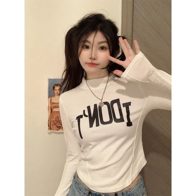 Half-High Collar Irregular Velvet Base Shirt Women'S Letter Printed Slim-Fit Slim-Fit Inner Long-Sleeved T-Shirt - Image 2
