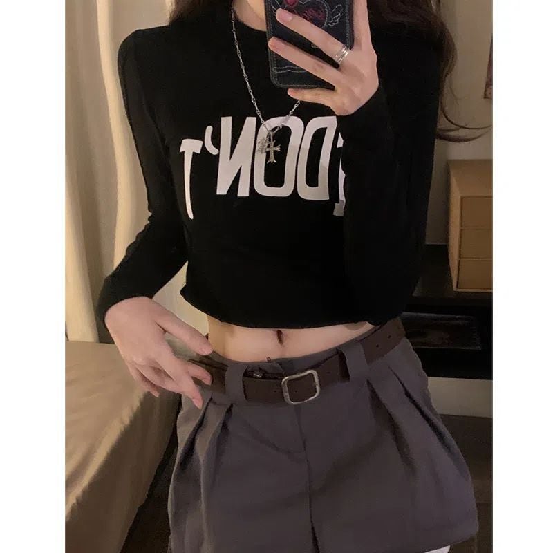 Half-High Collar Irregular Velvet Base Shirt Women'S Letter Printed Slim-Fit Slim-Fit Inner Long-Sleeved T-Shirt - Image 5