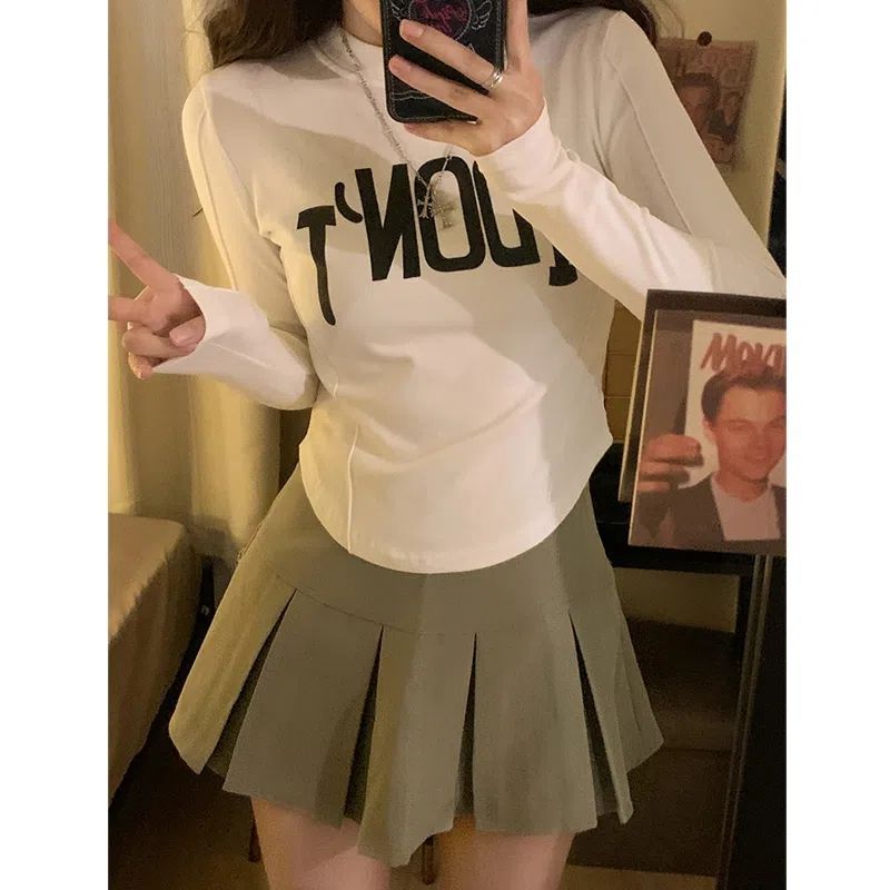 Half-High Collar Irregular Velvet Base Shirt Women'S Letter Printed Slim-Fit Slim-Fit Inner Long-Sleeved T-Shirt - Image 4