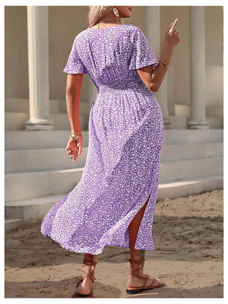 Floerns Women's Plus Size Boho Hawaiian Tropical Dresses V Neck Short Sleeve Floral A Line Long Dress Vacation Beach Outfits Purple 3X-Large Plus - Image 3