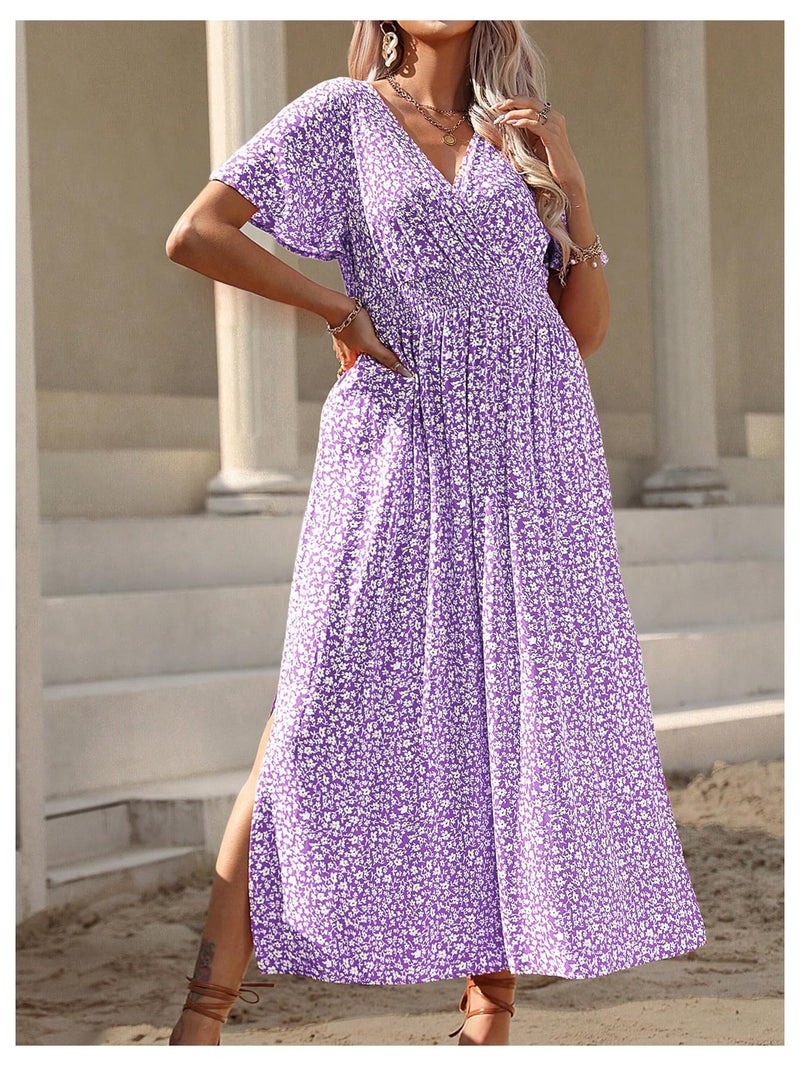 Floerns Women's Plus Size Boho Hawaiian Tropical Dresses V Neck Short Sleeve Floral A Line Long Dress Vacation Beach Outfits Purple 3X-Large Plus - Image 4