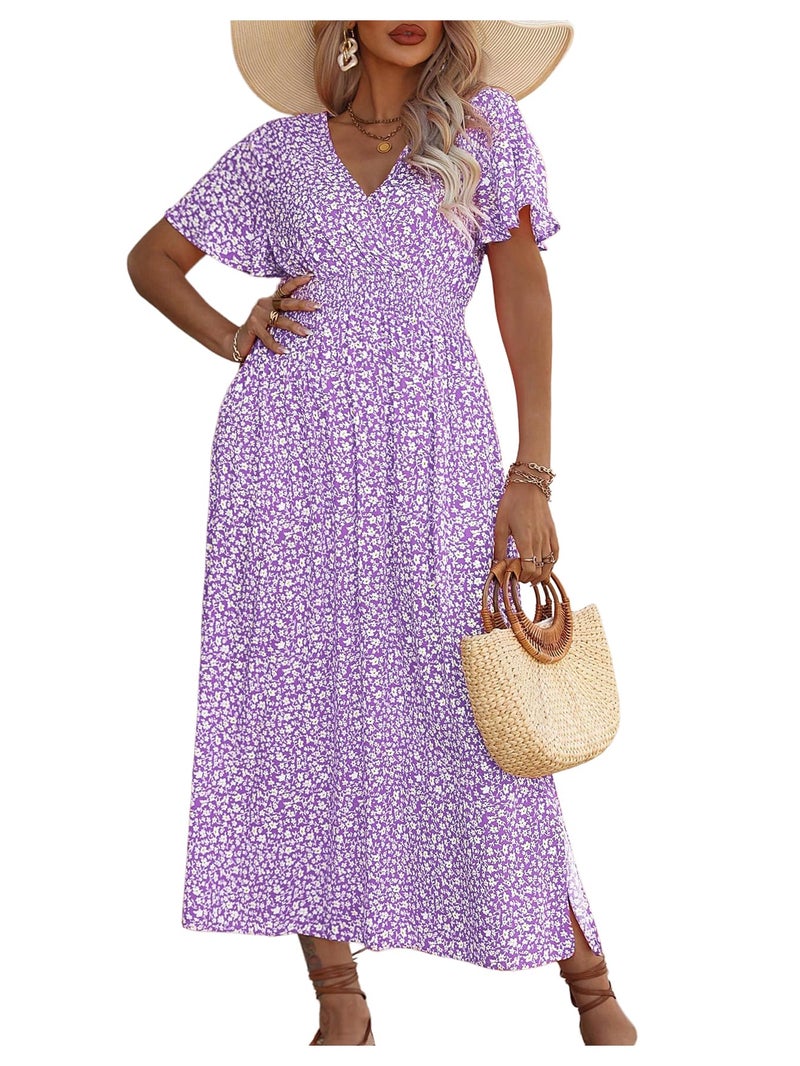 Floerns Women's Plus Size Boho Hawaiian Tropical Dresses V Neck Short Sleeve Floral A Line Long Dress Vacation Beach Outfits Purple 3X-Large Plus - Image 1